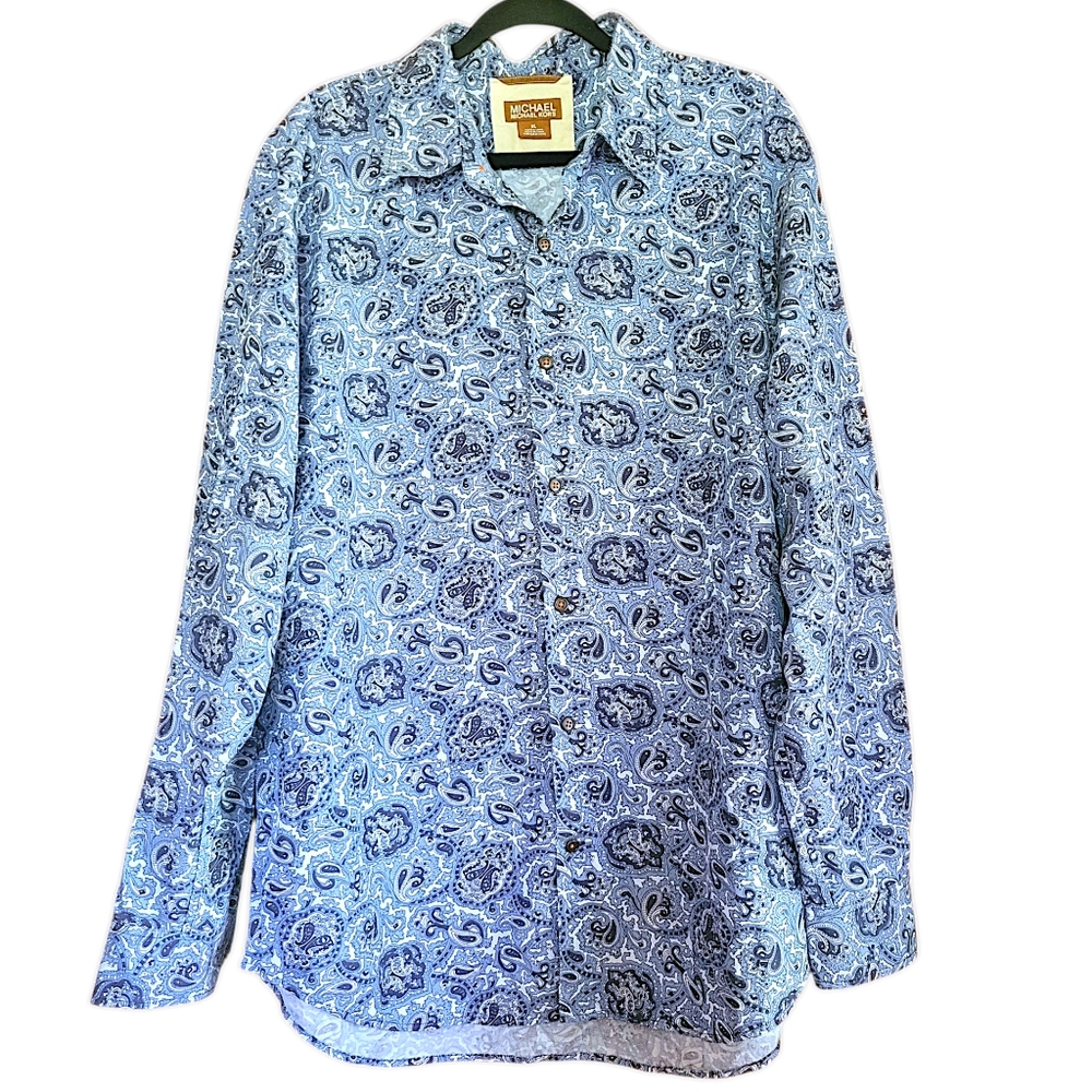 Michael Kors Mens Size Xl Blue Paisley Button-up Collared Dress Shirt